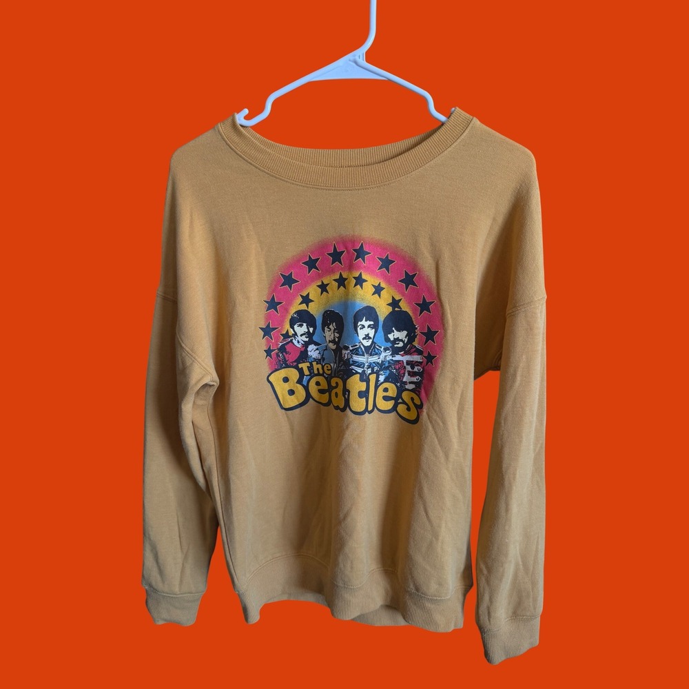 The Beatles Band Graphic Sweatshirt Mustard Yellow XS Sgt Pepper Rock Crewneck